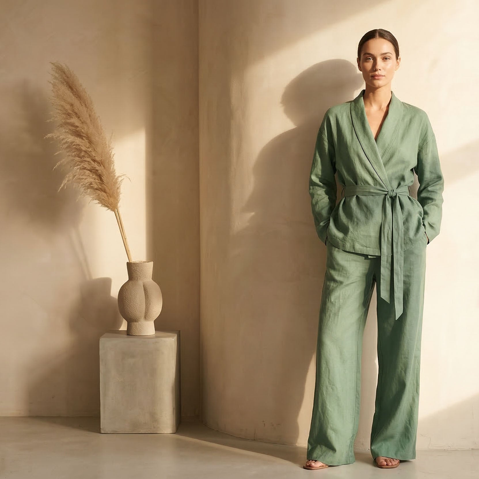 Beige two-piece set featuring a wrap jacket and wide-leg pants
