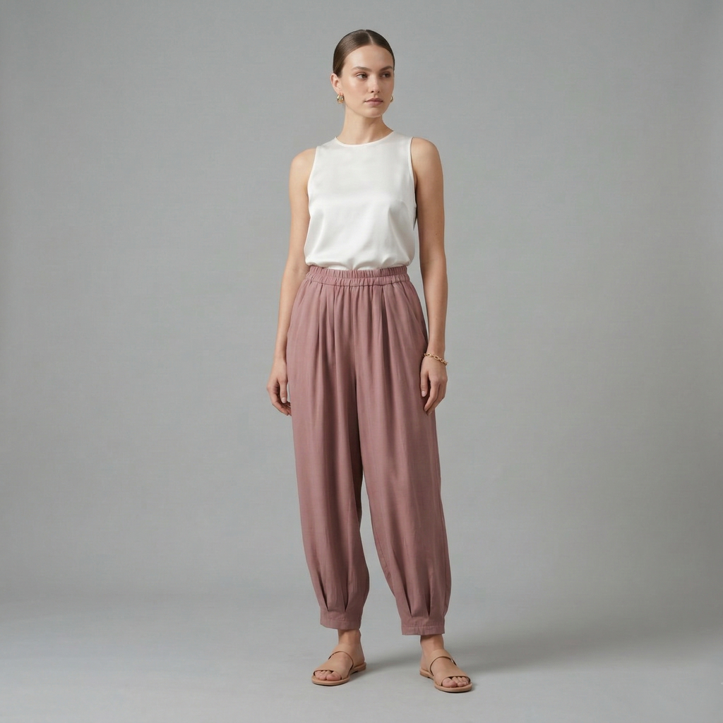 Chic dusty rose high-waisted harem trousers with an elasticated waistband