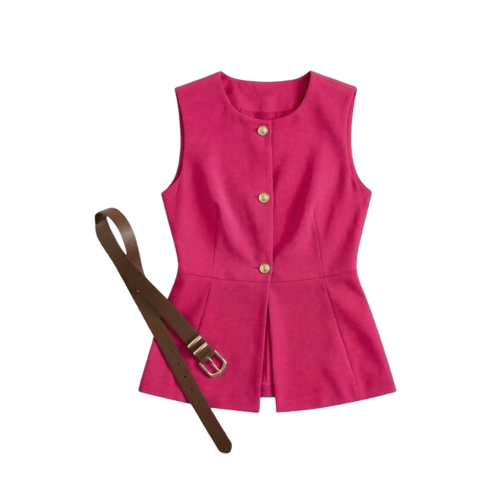Sleeveless belted top with front buttons