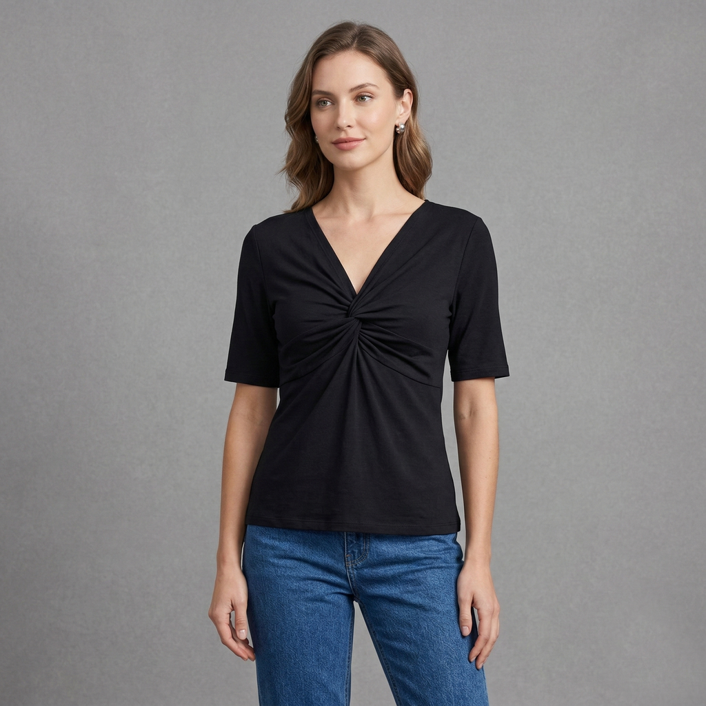 Elegant black V-neck top with a stylish front knot detail
