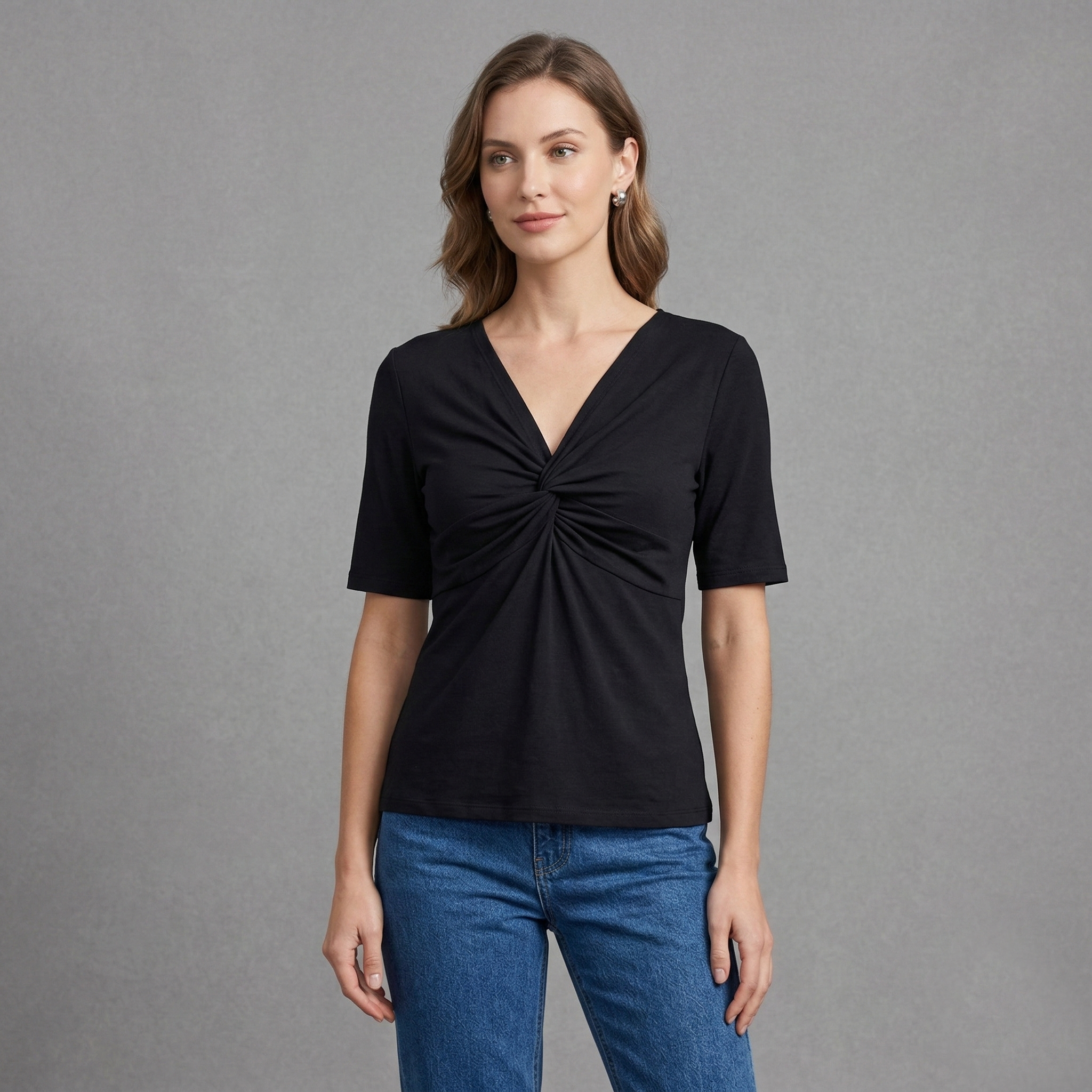 Elegant black V-neck top with a stylish front knot detail