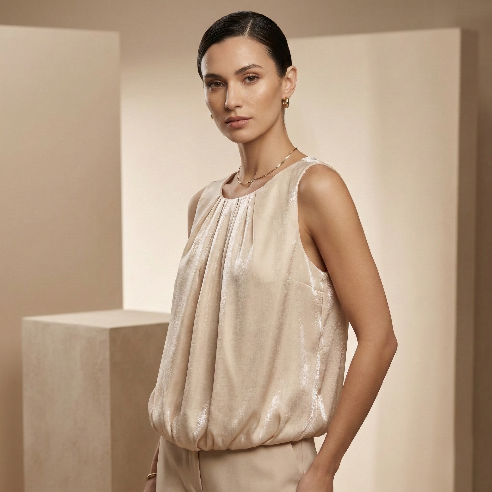 Elegant champagne sleeveless blouse with a pleated neckline