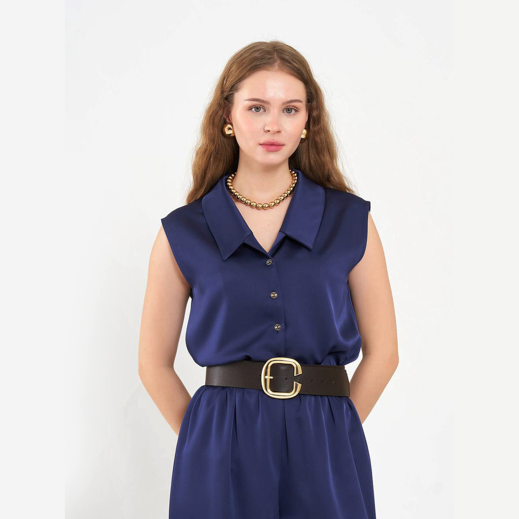 Sleeveless Satin Shirt with Classic Collar