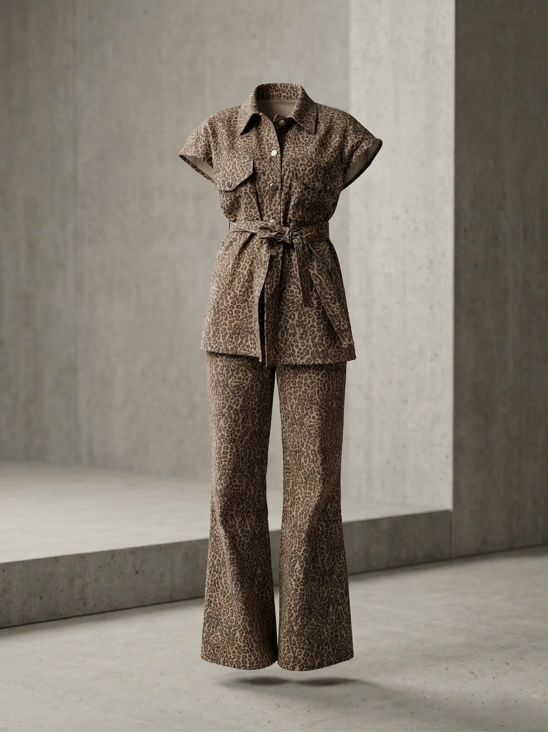 Leopard print beige and black set with a belted top and wide-leg pants.