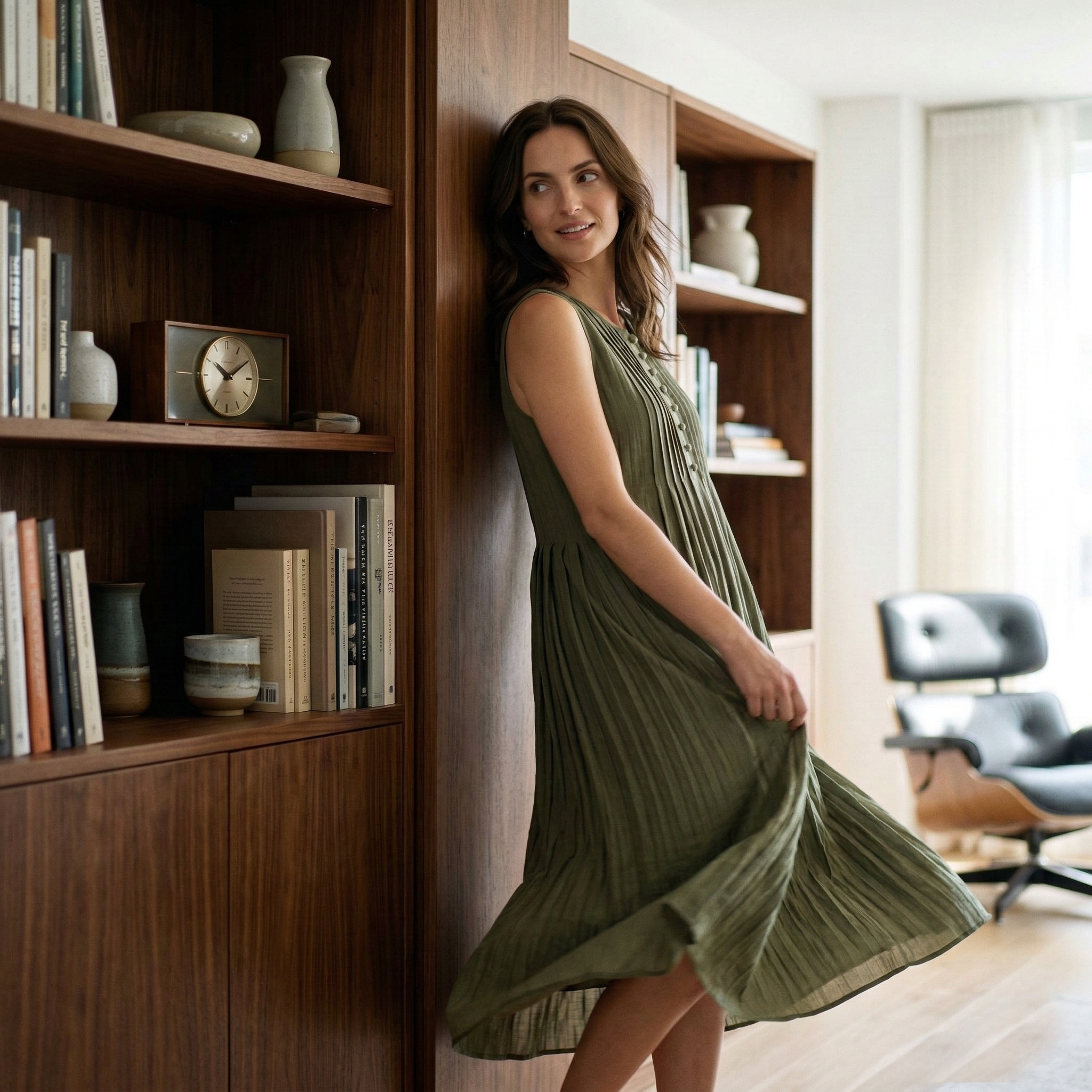 Chic olive green sleeveless pleated midi dress