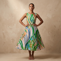 Vibrant abstract print sleeveless midi dress with a belted waist