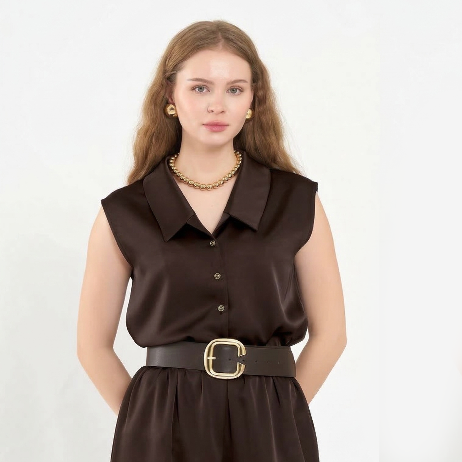 Sleeveless Satin Shirt with Classic Collar