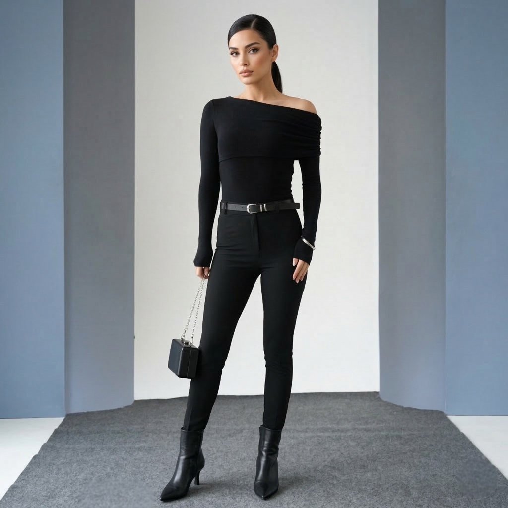 One-shoulder long-sleeve top