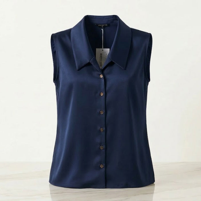 Sleeveless Satin Shirt with Classic Collar
