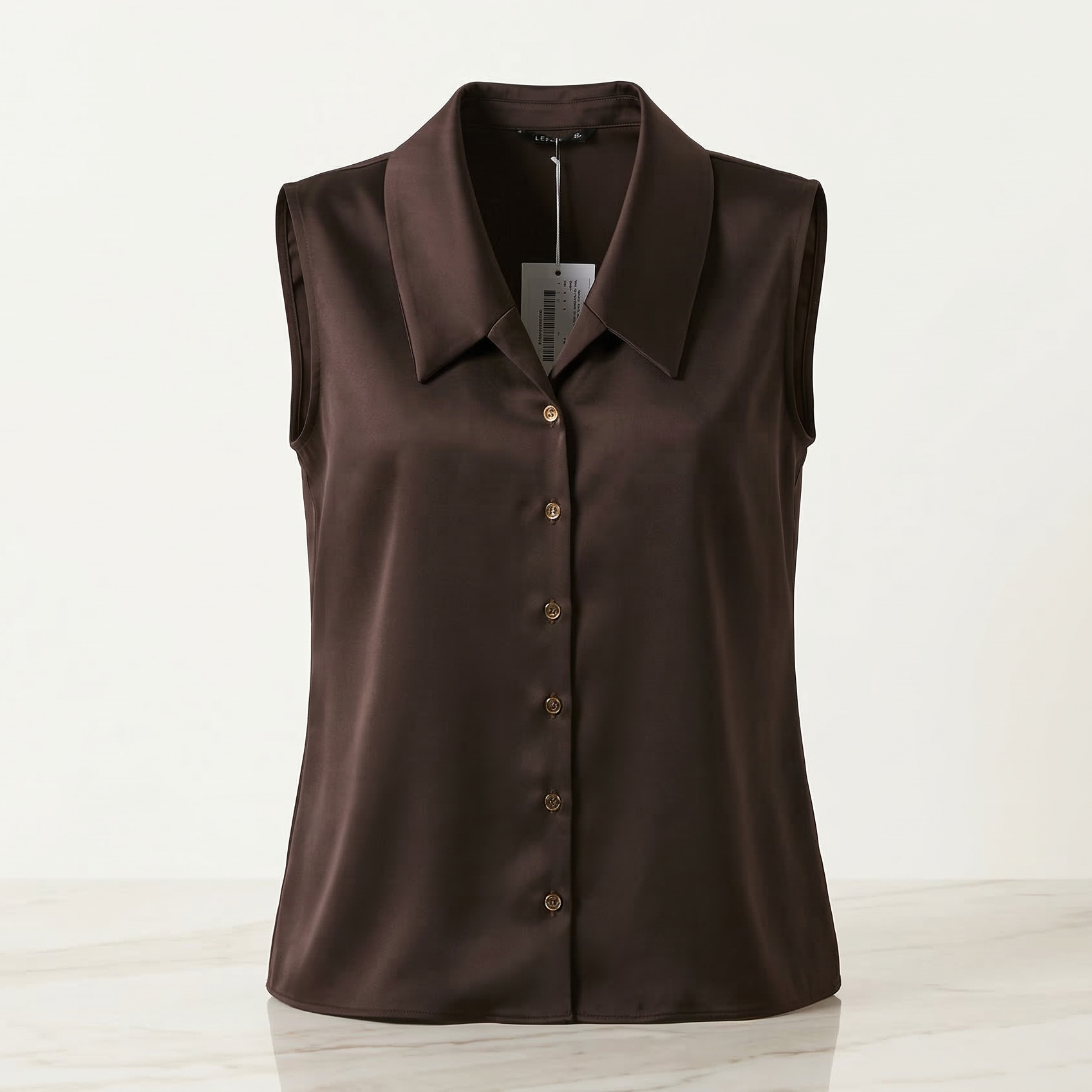 Sleeveless Satin Shirt with Classic Collar