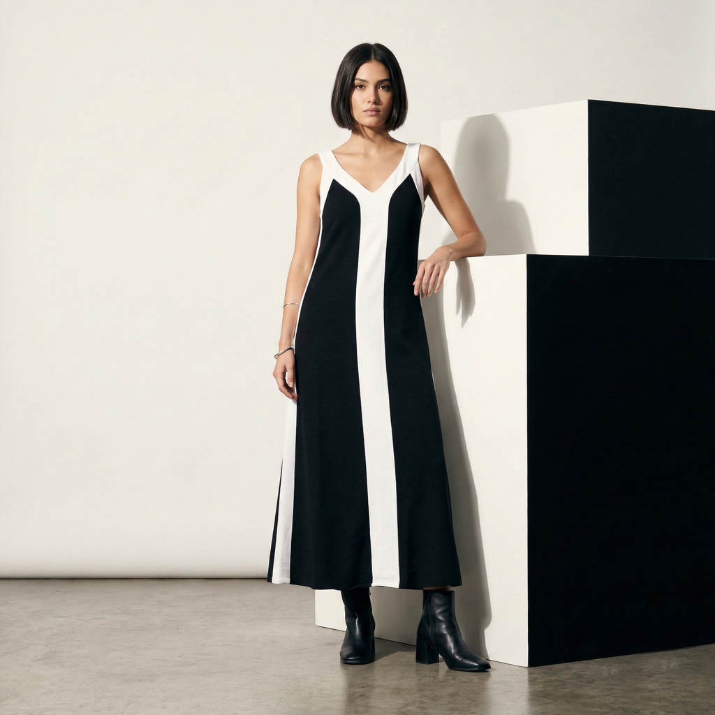 Elegant black and white color-block V-neck maxi dress