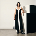 Elegant black and white color-block V-neck maxi dress