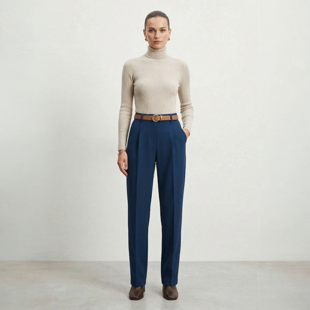 High-waisted straight-leg pants with belt