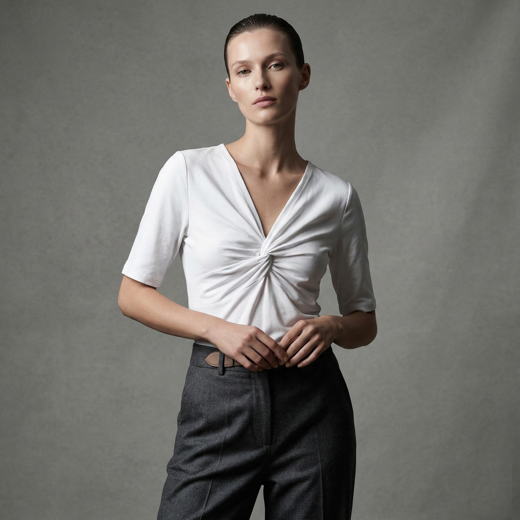 Chic white V-neck top with an elegant front twist detail