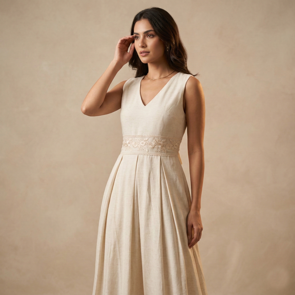 Classic V-neck linen midi dress with a delicate lace waistband