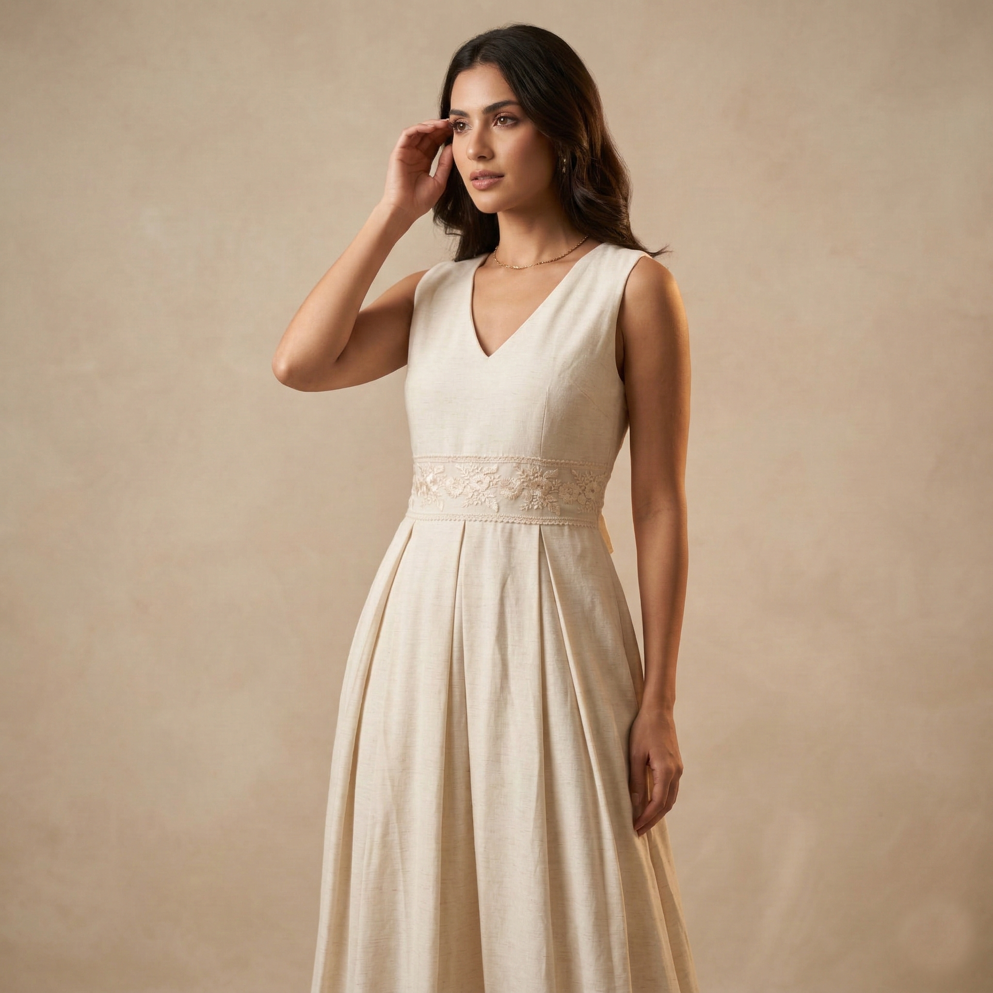Classic V-neck linen midi dress with a delicate lace waistband