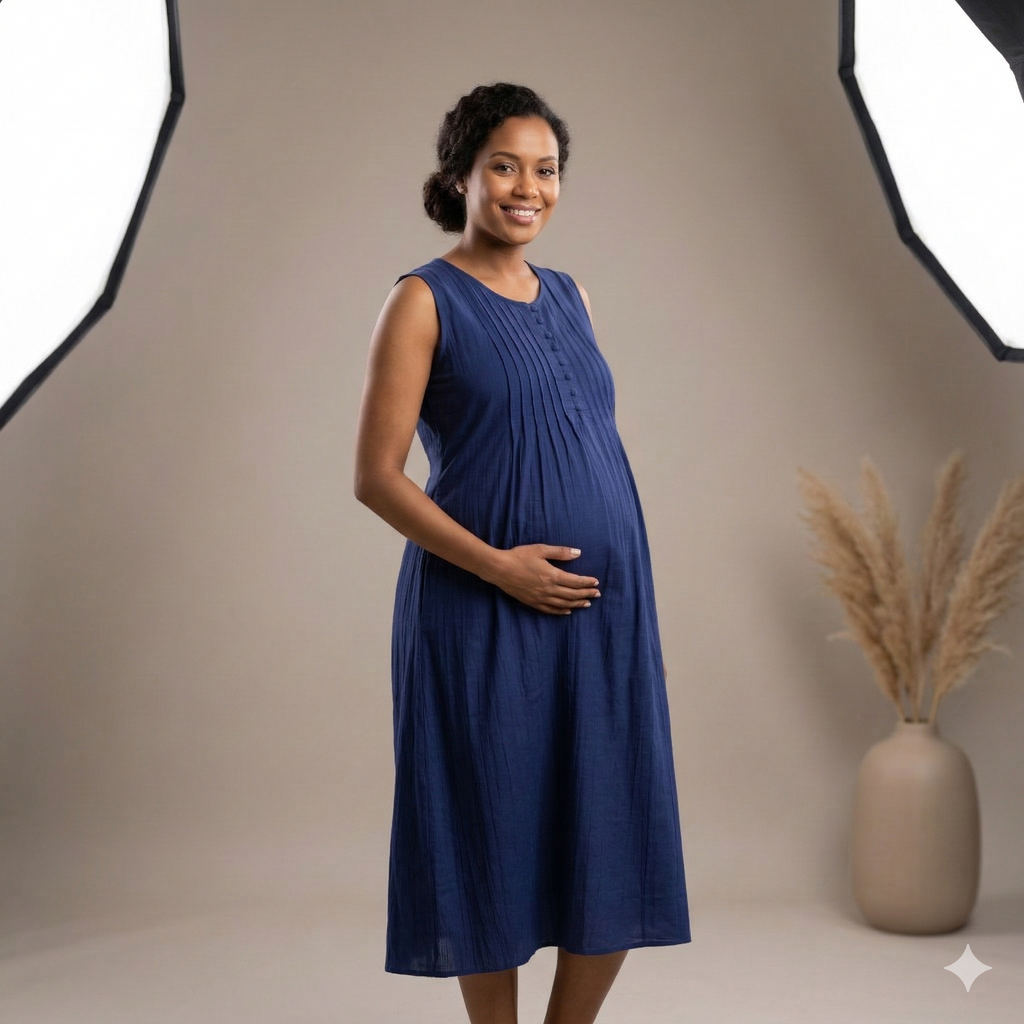 Elegant navy blue sleeveless pleated midi dress
