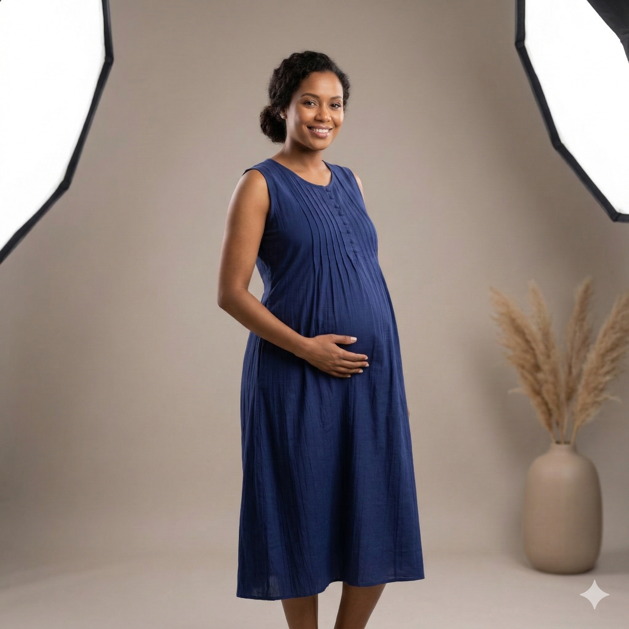 Elegant navy blue sleeveless pleated midi dress