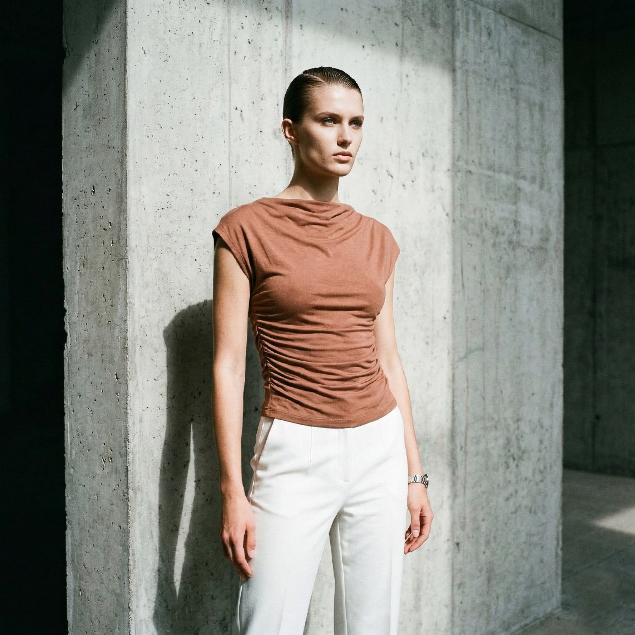 Chic terracotta draped top with side ruching