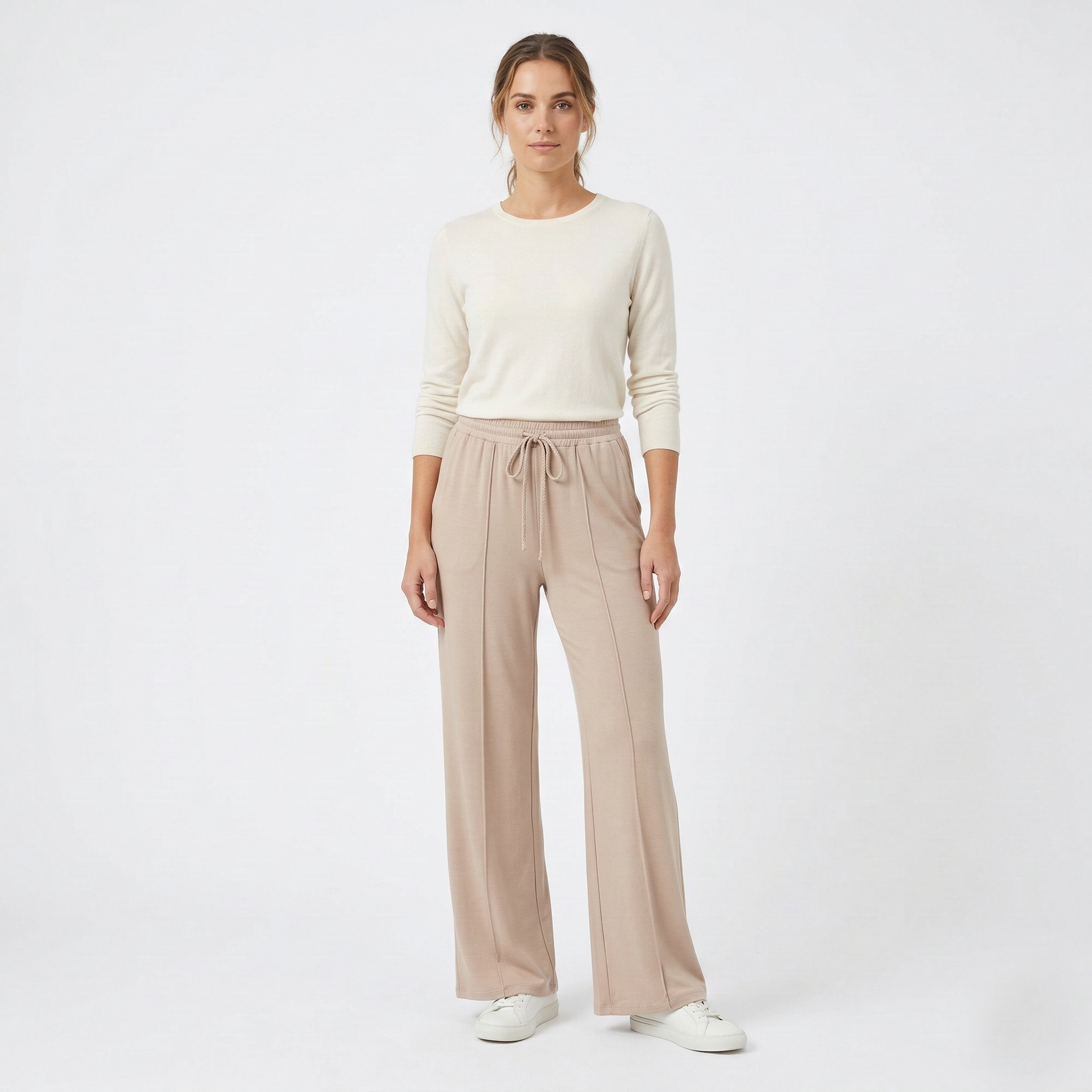 Comfortable beige wide-leg drawstring trousers
