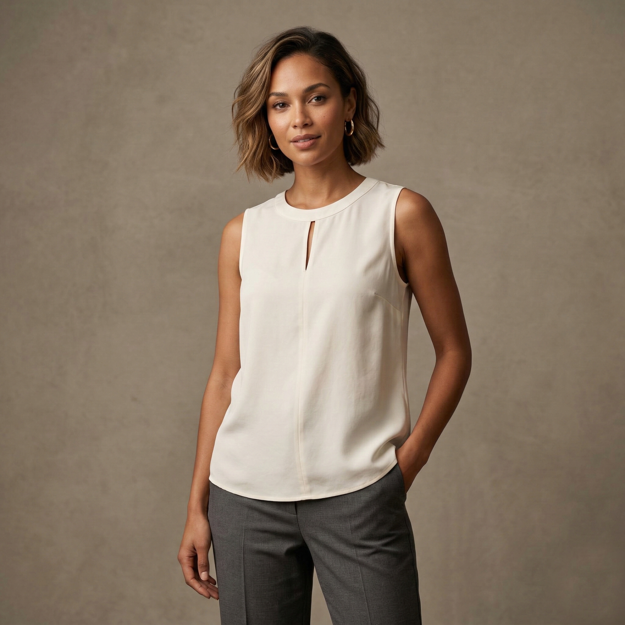 Chic sleeveless ivory blouse with a small keyhole necklin