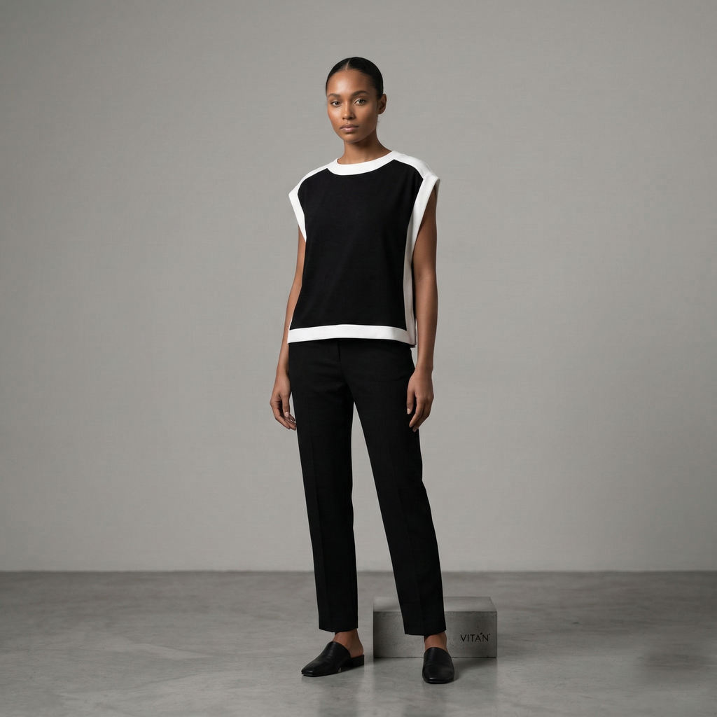 Chic sleeveless black top with contrasting white pane