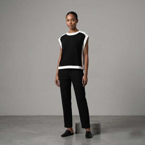 Chic sleeveless black top with contrasting white pane