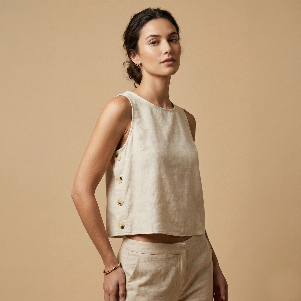 Elegant beige sleeveless linen-blend blouse with decorative side buttons