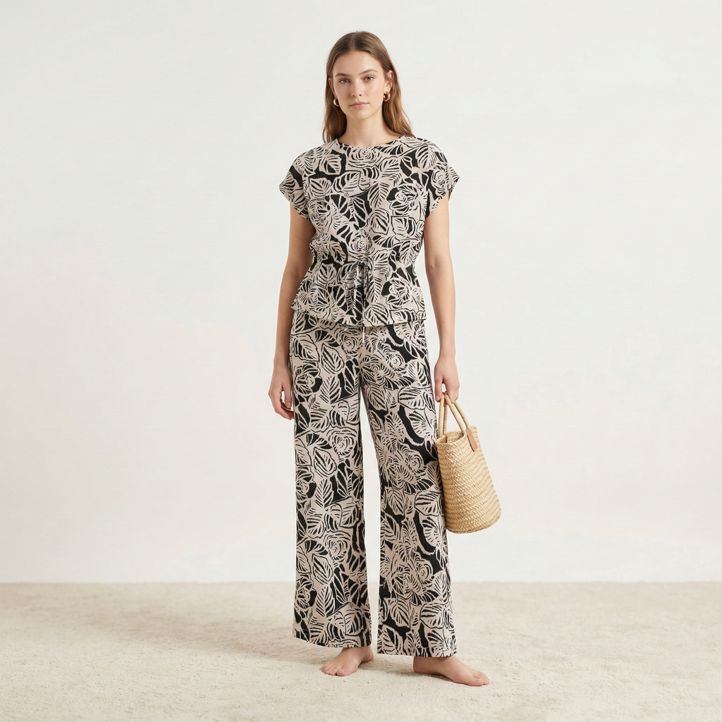 Elegant beige and black leaf-print co-ord set with wide-leg trousers