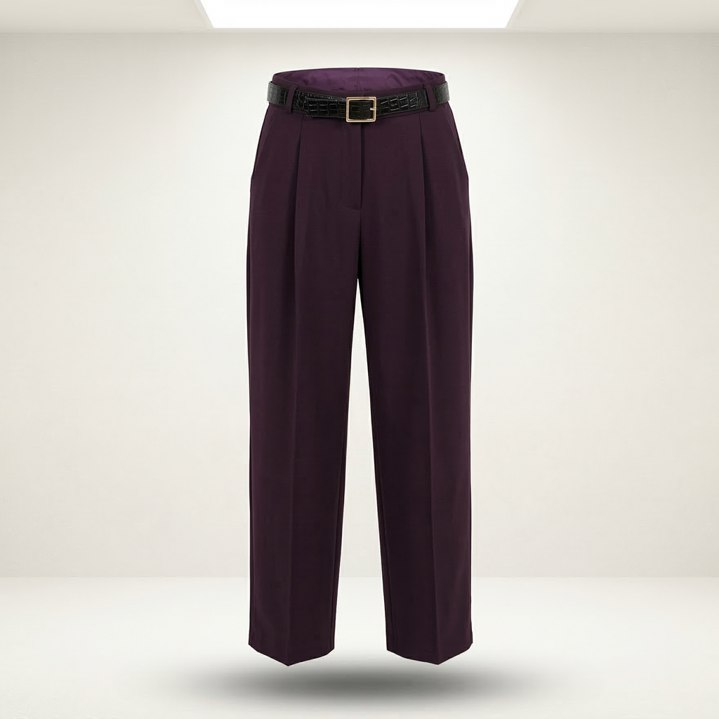 Plum Pleated Belted Trousers