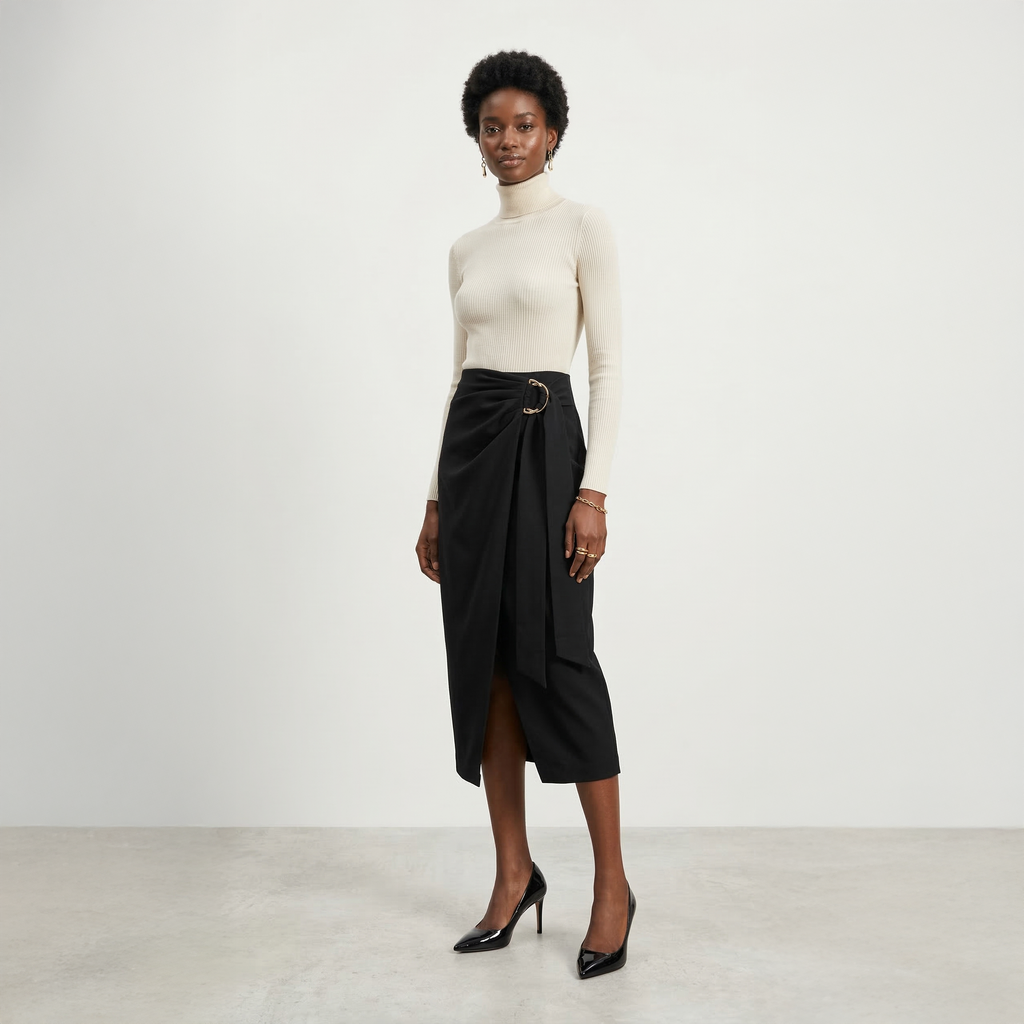 Buckle Wrap Midi Skirt