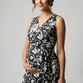 Chic black and white floral maternity wrap dress with a waist tie