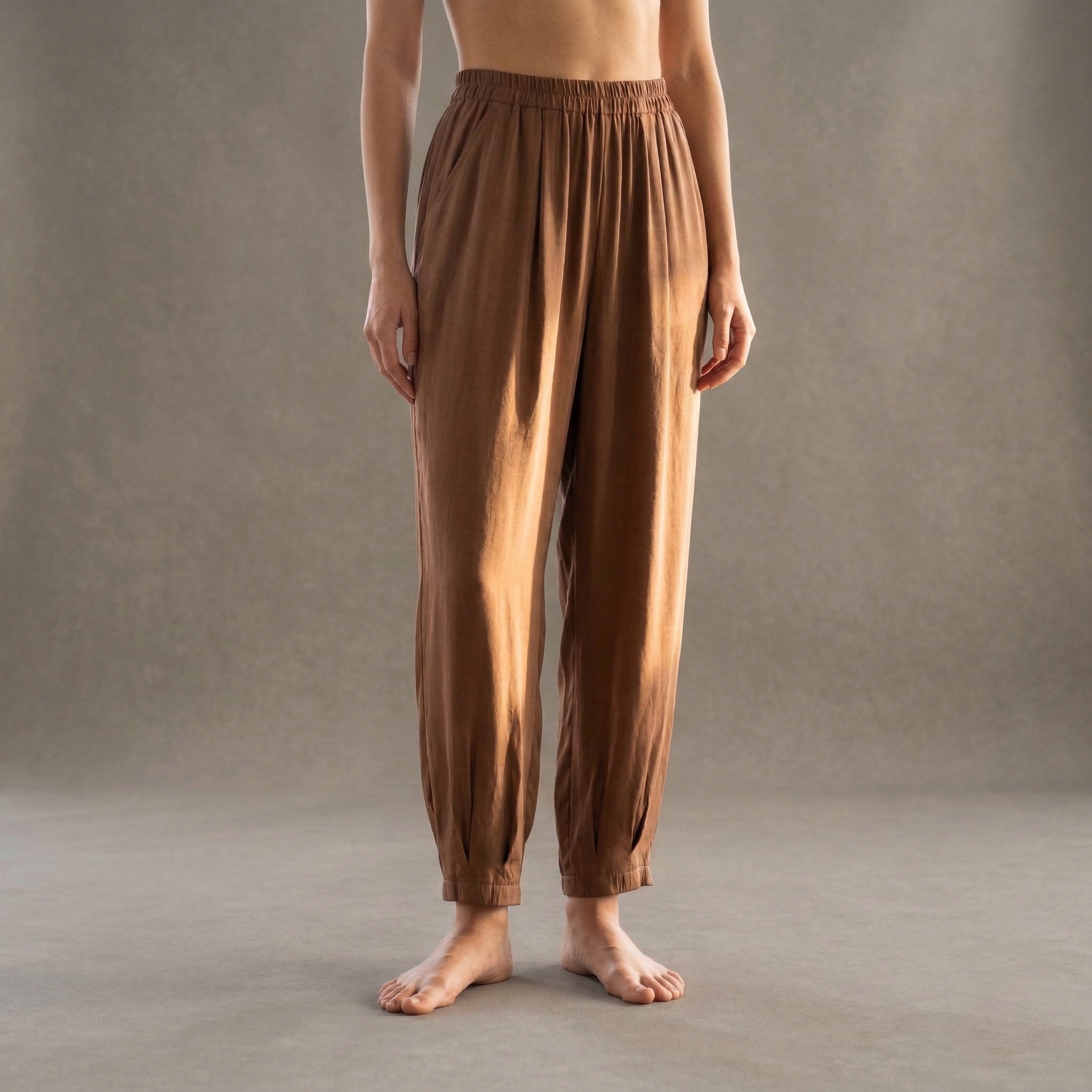 Comfortable brown high-waisted harem-style trousers