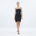 Chic black shimmering wrap-style mini dress with thin straps