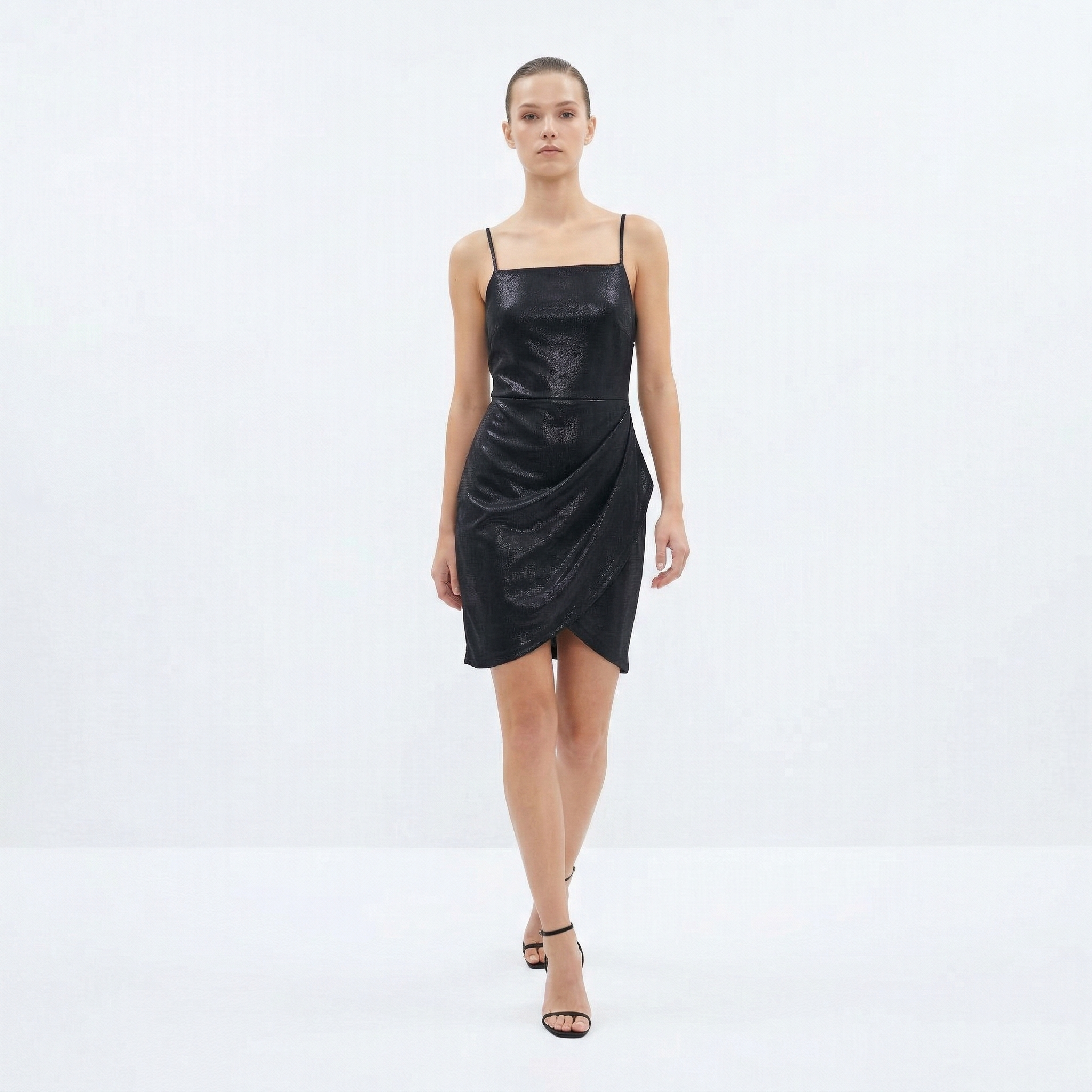 Chic black shimmering wrap-style mini dress with thin straps