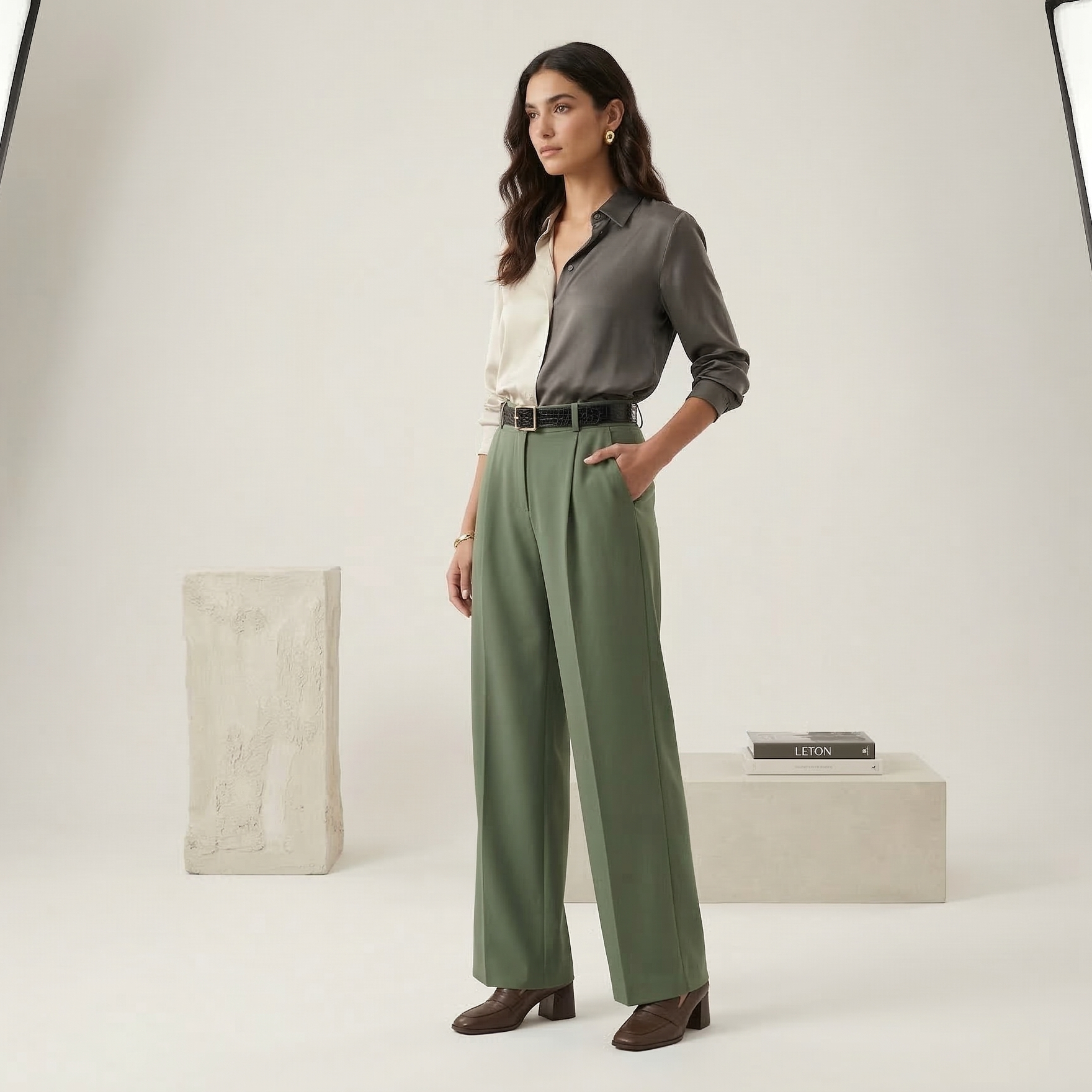 Olive Belted Tailored Trousers