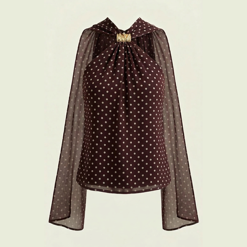 Brown polka dot blouse with a gathered neckline and flowing sleeves.