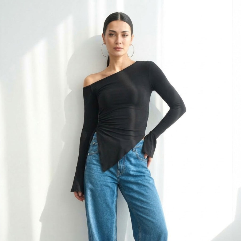 Long-sleeve off-shoulder top with flared sleeves