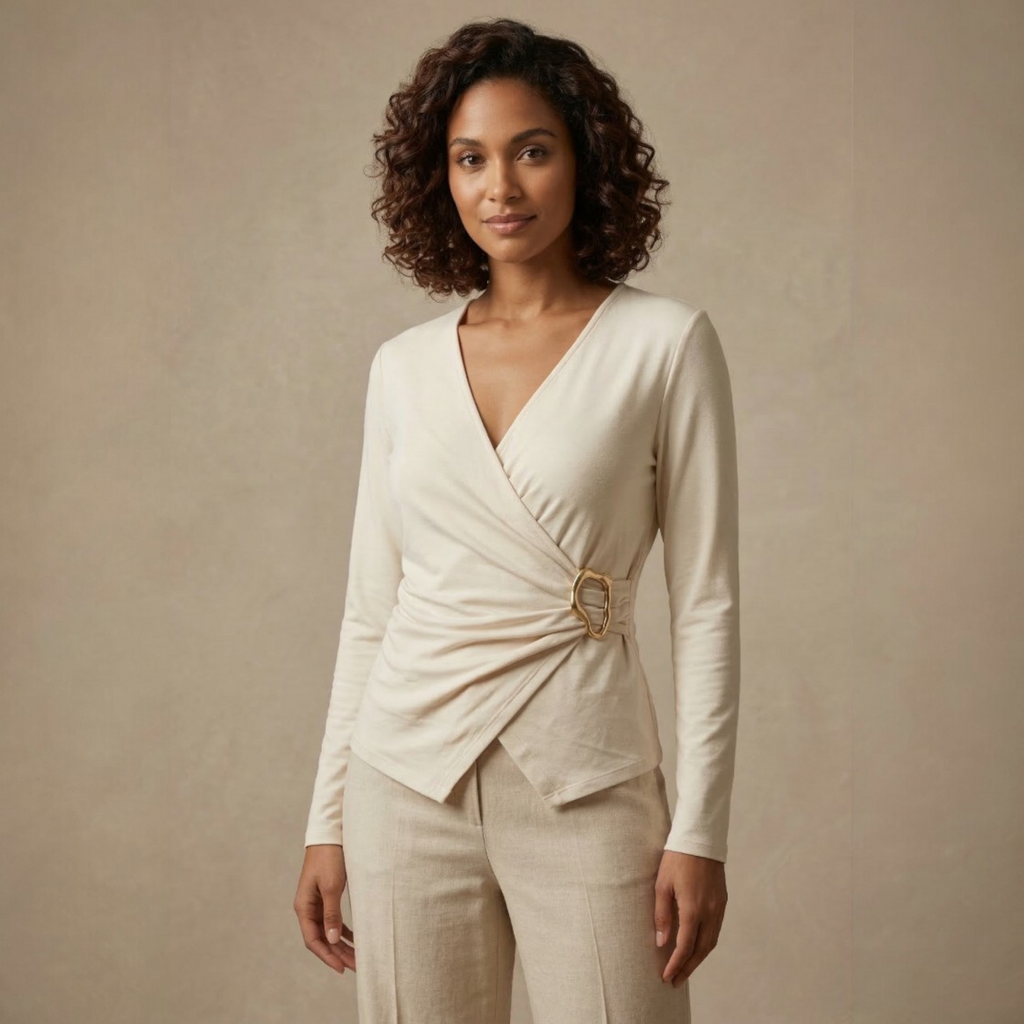Wrap-style long-sleeve top with buckle detail