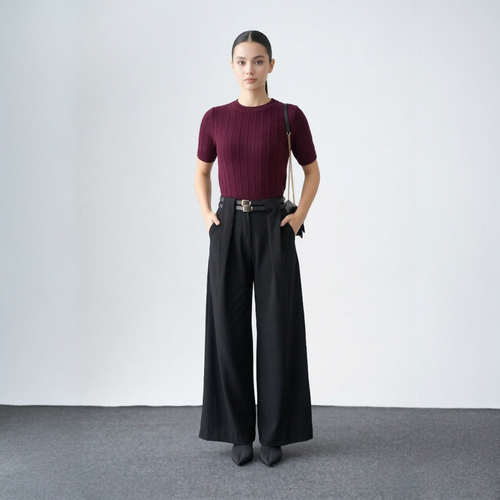 Wide-leg high-waisted pants with belt