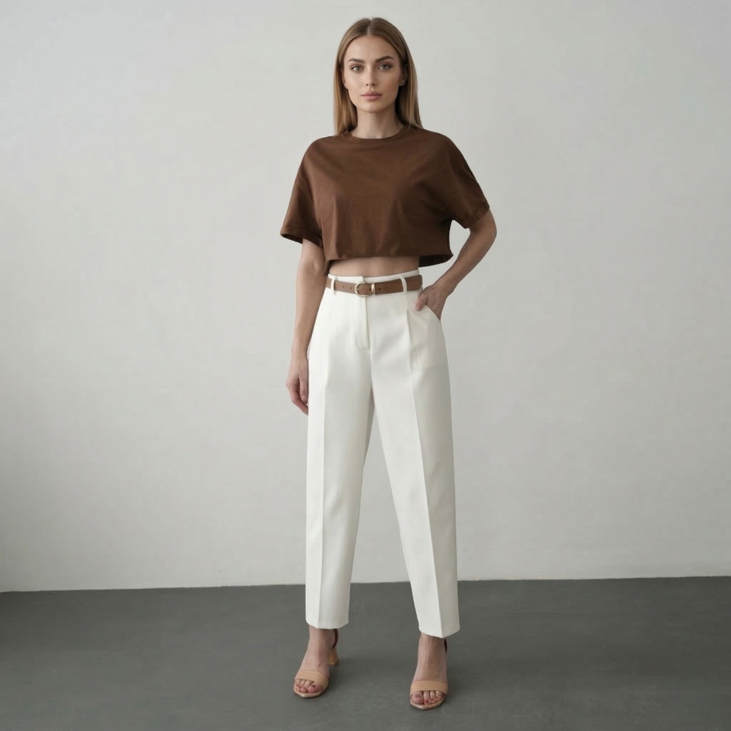 High-waisted straight-leg pants with belt