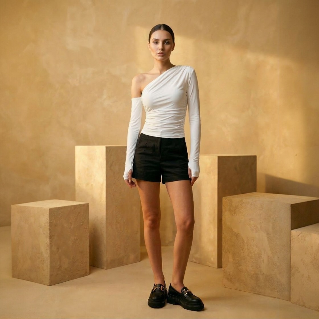 One-shoulder long-sleeve top with ruching at the waist and chest