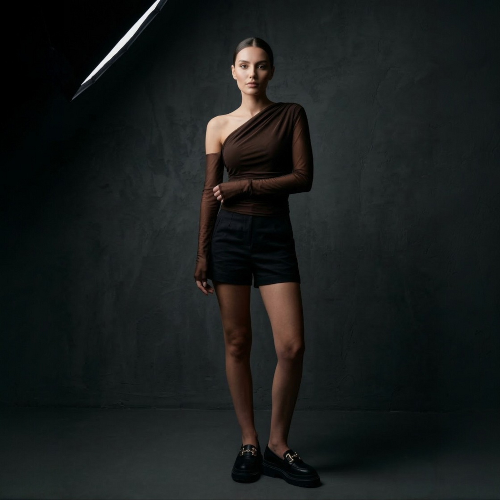 One-shoulder long-sleeve top with ruching at the waist and chest