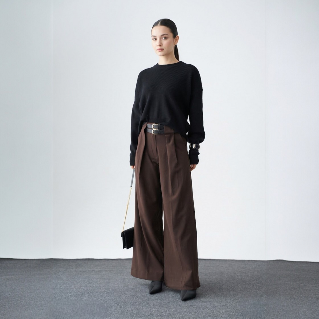 Wide-leg high-waisted pants with belt