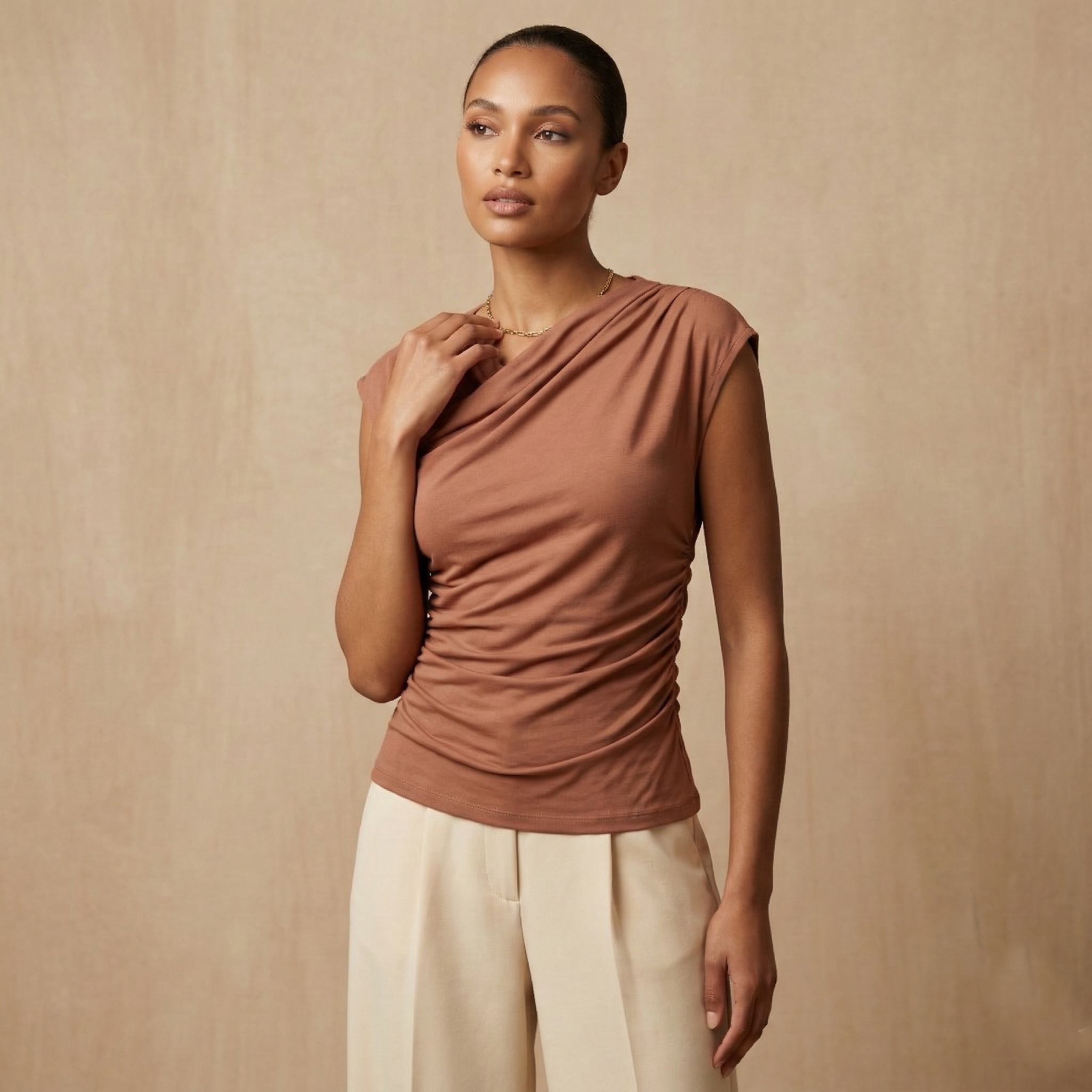 Chic terracotta draped top with side ruching