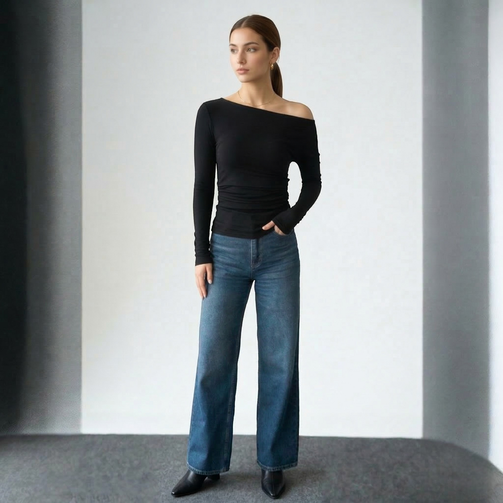 Long-sleeve off-shoulder top.