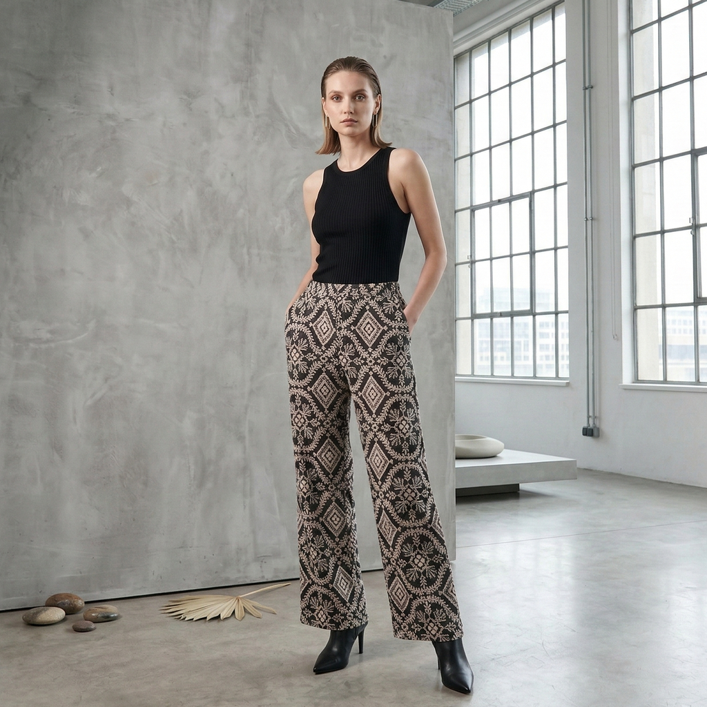 Elegant dark high-waisted wide-leg trousers with an intricate geometric and floral embroidery pattern