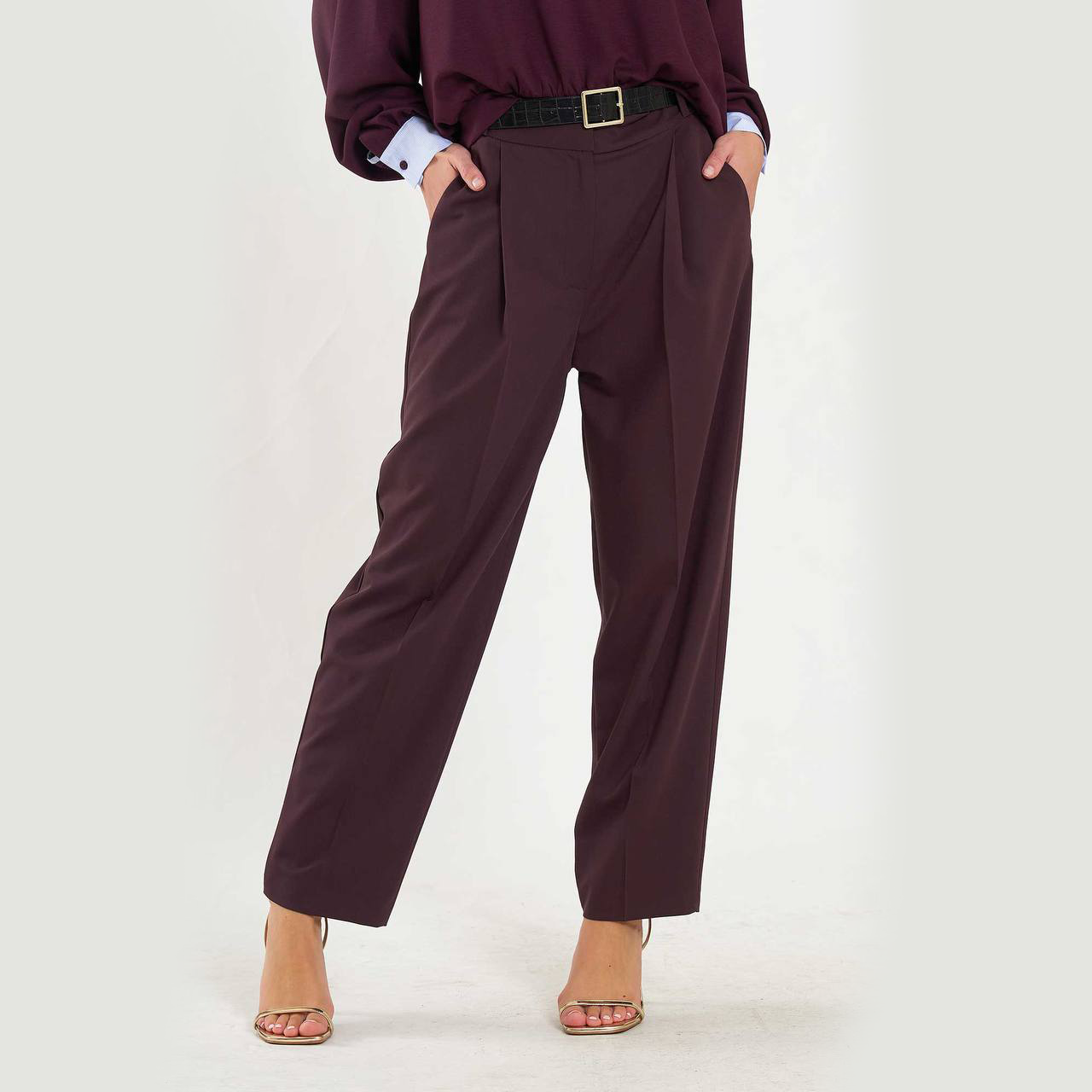 Plum Pleated Belted Trousers
