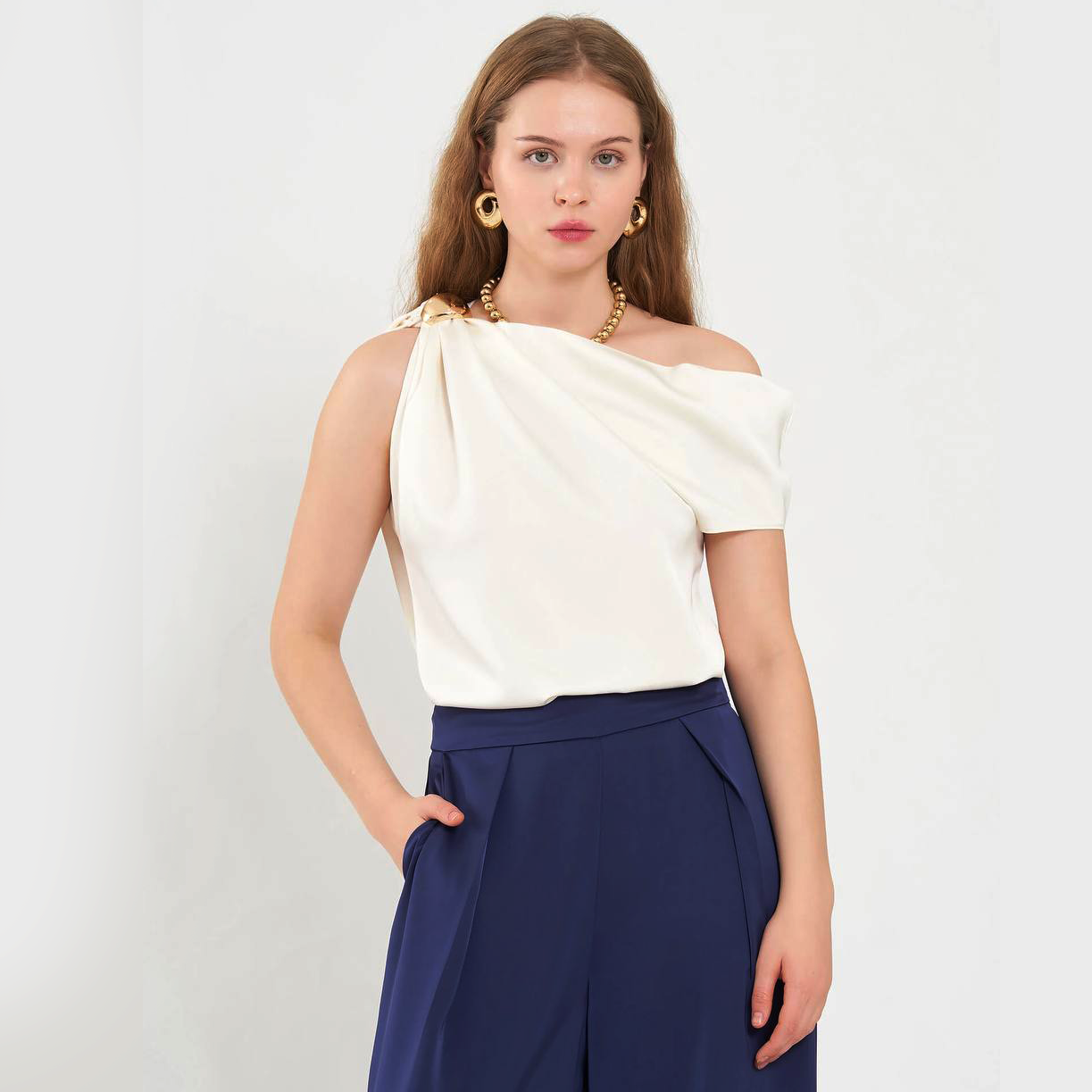 One-Shoulder Satin Top with Gold Detail