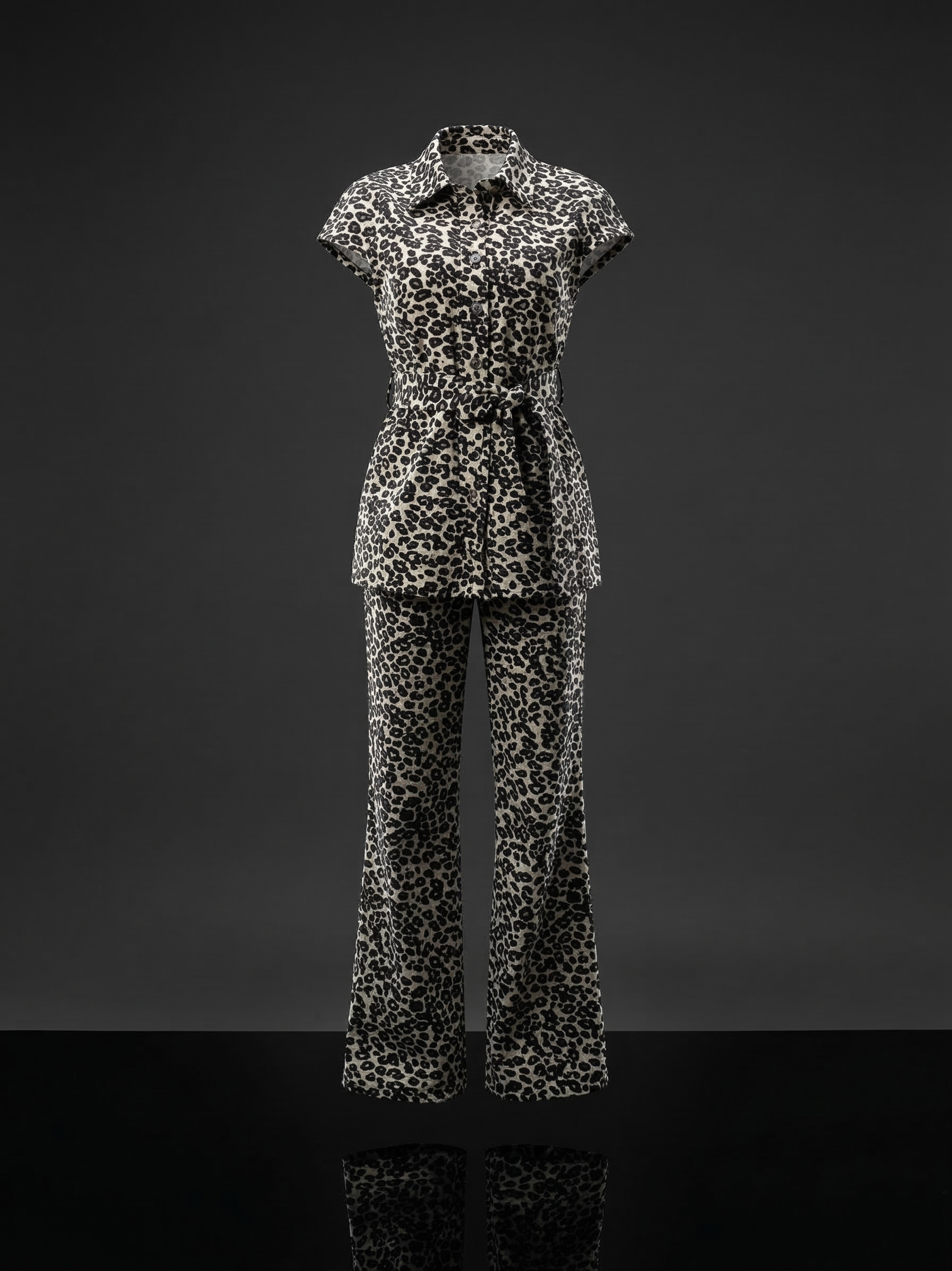 Leopard print beige and black set with a belted top and wide-leg pants.